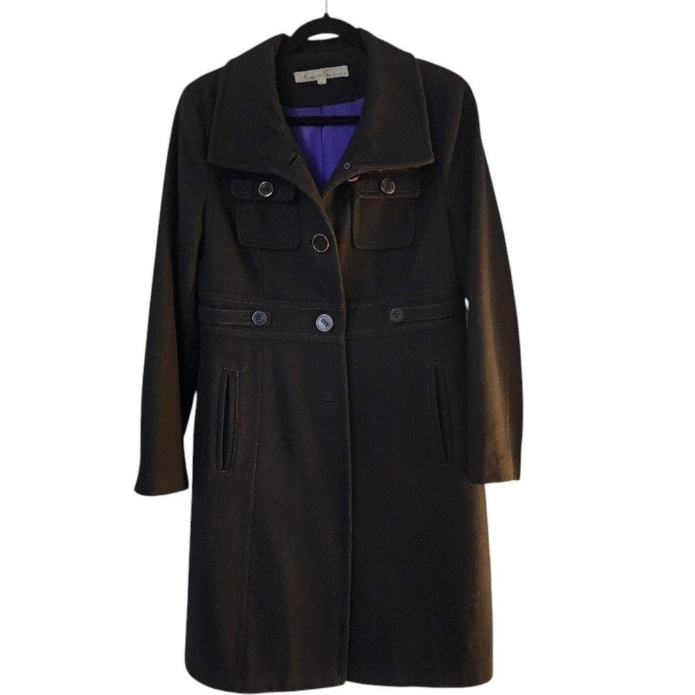 Kenneth Cole Reaction Black Wool Blend Walking Coat Size 10 Purple Lined
